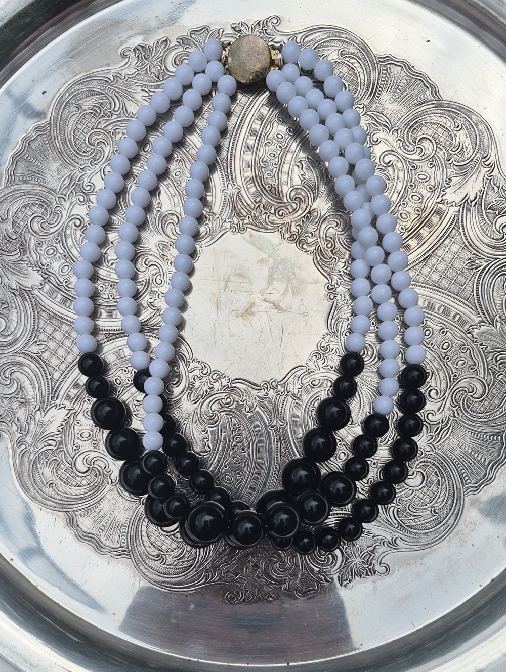 Classic Black and White Beaded Multi-Strand Necklace